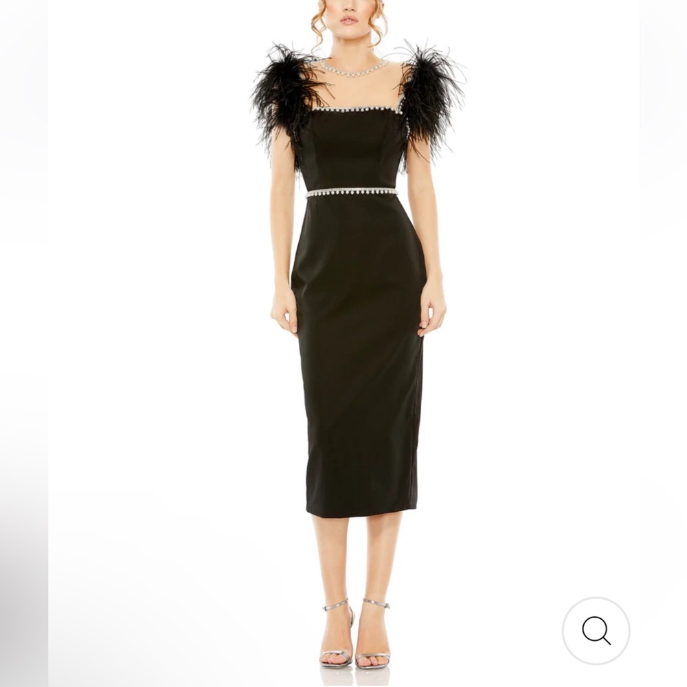 Mac Duggal FEATHER CAP SLEEVE PEARL EMBELLISHED T-LENGTH FIT DRESS